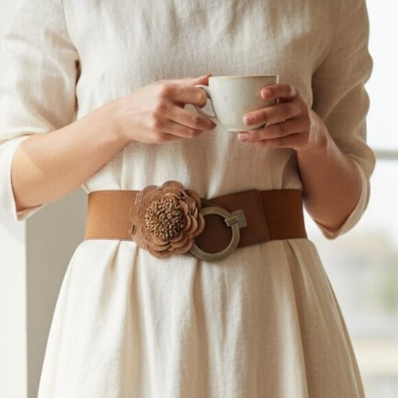 JDC Milano Brown Leather Flower BeltStretch Waist CinchItalian Statement